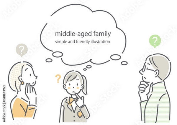 Fototapeta 娘と一緒に教育について考えるミドル世代の夫婦　シンプルでお洒落な線画イラスト