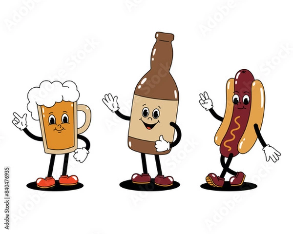 Obraz Vector set of color illustrations of retro mascot characters walking glass of beer, bottle and hot dog.  Stickers isolated on white background
