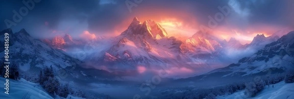 Fototapeta snowy mountain at dusk twilight time beautiful ethereal scenery with misty crisp drifting over 