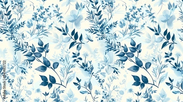 Fototapeta Charming seamless pattern of hand-drawn flora in soft pastel light blue, medium blue, and dark blue