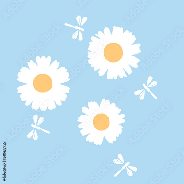 Fototapeta Daisy flower set and dragonflies icon sign on blue background vector.