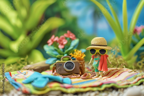 Fototapeta 粘土細工のリアルな夏の山と川の旅行シーンのミニチュア/Realistic Clay Miniature: Summer Mountain and River Travel Scene/Realistische Tonminiatur: Sommerreise in die Berge und an den Fluss