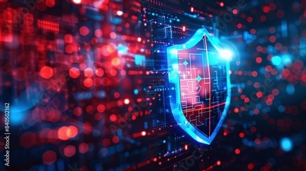 Fototapeta A network protection icon with textures in the lowerright third against a cyber network background