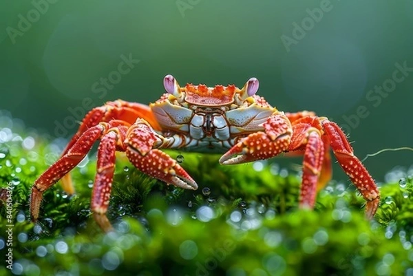 Fototapeta Vivid Red Crab perched on moss-covered rocks with a shallow depth of field