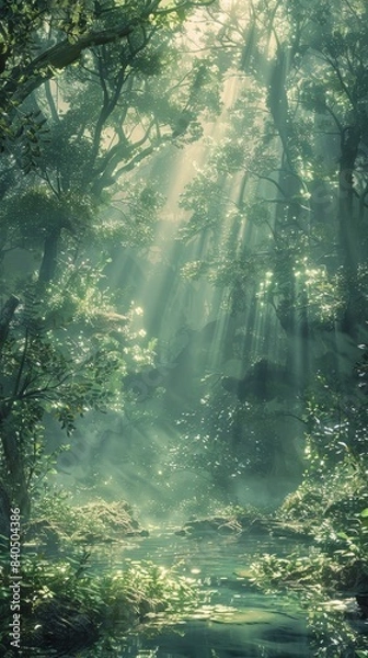Fototapeta Enchanted Tranquility: Ethereal Fantasy Landscape of Serene, Mystical Forest Bathed in Soft Light