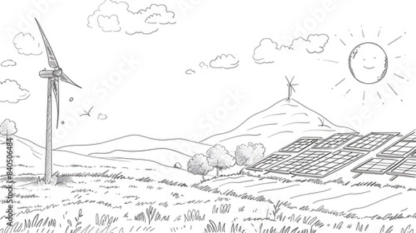 Fototapeta Line Art of Wind Farm and Solar Panels in Serene Natural Landscape