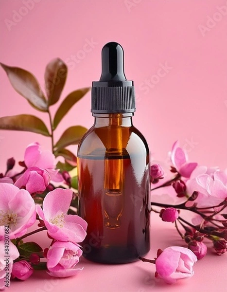 Fototapeta Isolated Pink Background with Brown Dropper Bottle