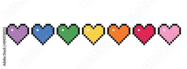 Fototapeta Collection of pixel hearts isolated on white background. Love symbol icon set. Colorful heart shape vector illustration.