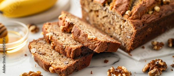 Obraz gluten banana bread with walnuts and honey sliced
