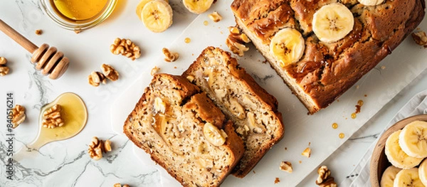 Obraz gluten banana bread with walnuts and honey sliced