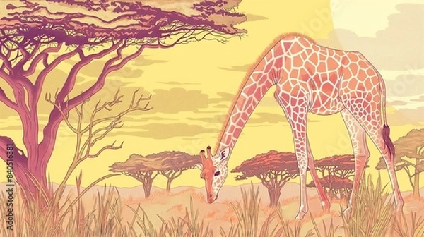 Fototapeta A giraffe with a long neck browsing in a savanna landscape with acacia trees and a sunset sky.