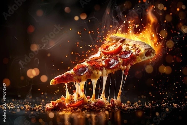 Fototapeta A slice of hot, cheesy pizza with pepperoni, melting and steamy, depicted with fiery effects and smoky background.