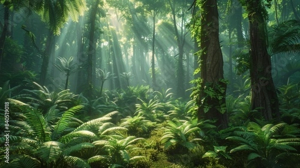 Obraz Prehistoric Forest with Dinosaurs Roaming Among Ancient Ferns and Conifers