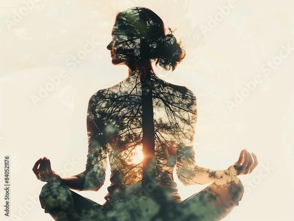Fototapeta Double exposure of a woman meditating and nature. Symbolizes inner peace, mindfulness, and connection with the environment.