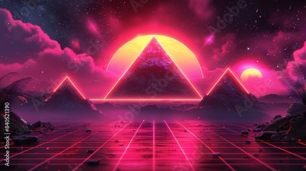 Fototapeta Digital retro landscape 1980's style retro wave sunset and mountain. Futuristic cyber surface. 80s Retro Sci-Fi background. View illustration in retro futuristic in the style of the 80-90s.