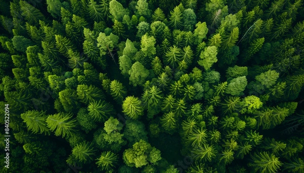Fototapeta Aerial top view of summer green trees in forest