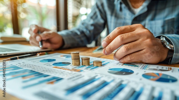 Fototapeta Businessman working data document graph chart report marketing research development planning management strategy analysis financial accounting