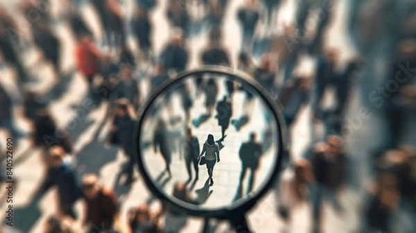 Fototapeta Crowd of people with a focused magnifying glass emphasizing one person, representing focus, individuality, and attention to detail.