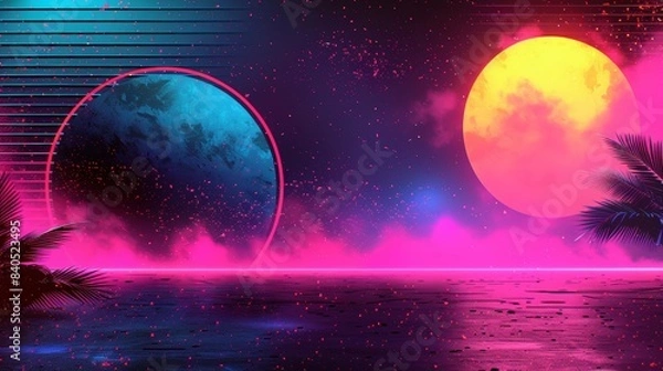 Fototapeta Digital retro landscape 1980's style retro wave sunset and mountain. Futuristic cyber surface. 80s Retro Sci-Fi background. View illustration in retro futuristic in the style of the 80-90s.
