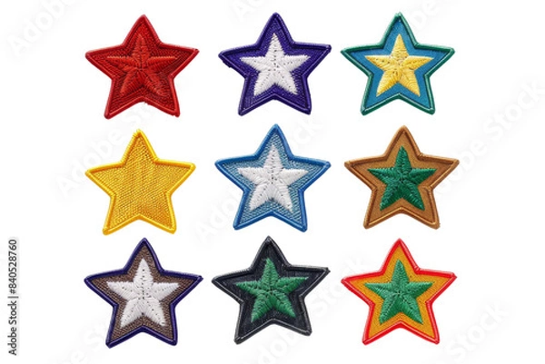 Fototapeta Colorful embroidered star patches in various colors and designs arranged neatly in a grid on a transparent background.