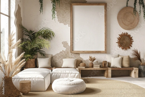Fototapeta Mockup frame in a boho nomadic interior background with rural decorations