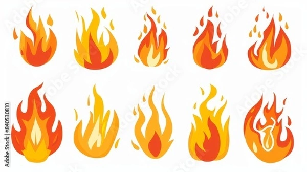 Fototapeta Modern set of vintage style silhouette flame. Black fire set isolated on white background. Retro tattoo neo-tribal style or silhouette flame for cars. Minimalistic style fire outline and filled