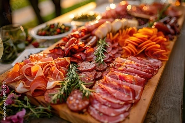 Obraz A beautiful charcuterie board with assorted meats, cheeses, and fruits, perfect for gatherings and culinary presentations.