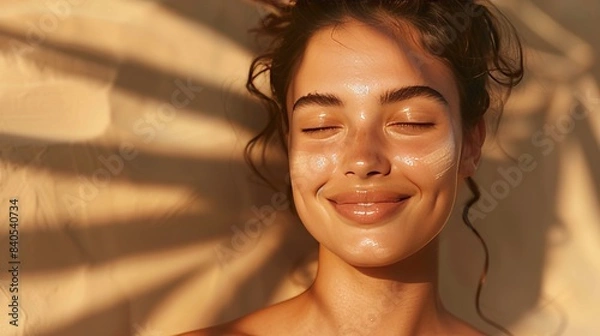 Obraz close-up, beauty portrait of a smiling young woman on beige background with sun shine and shadows , skin care concept, copy space