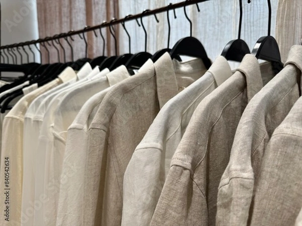 Obraz Closeup of linen shirts on hangers in store closet. Closeup of white and beige linen and cotton shirts on hangers in store closet.