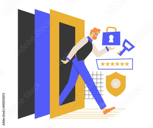 Fototapeta Male character with lock, key, password and shield. Safety banking, payment of bills, purchases. The cybersecurity specialist is doing his job. Concept vector flat illustration.
