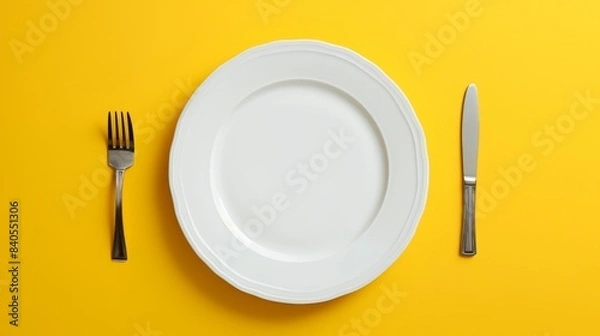 Fototapeta White plate with fork and knife on yellow background, shown from the top down