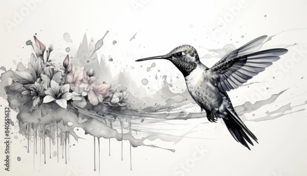 Fototapeta Hummingbird and nectar flat design side view feeding water color black and white