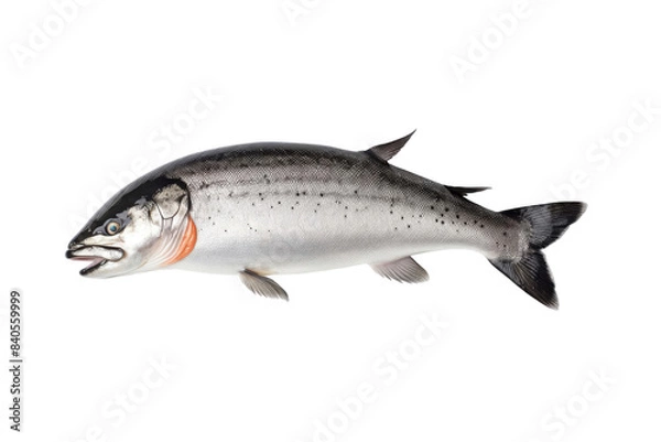 Fototapeta Close-up image of a fresh Atlantic salmon showcasing its smooth scales and vibrant color on a plain white background. transparent background.