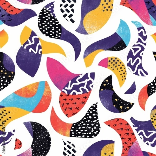 Fototapeta Bright colorful donut shapes and objects. Abstract, quirky style. Hand drawn illustration. Seamless pattern. Background or wallpaper. Repeating design element.