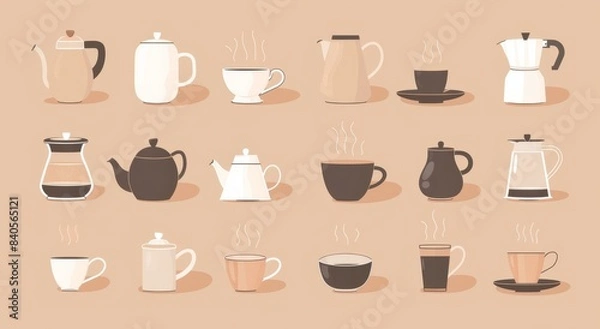 Fototapeta Hand drawn illustration of various cups and teapots with fresh hot tea. Isolated design elements. Tea party concept, ceremony concept, cafe, healthy drink concept, health drink concept, tea party,