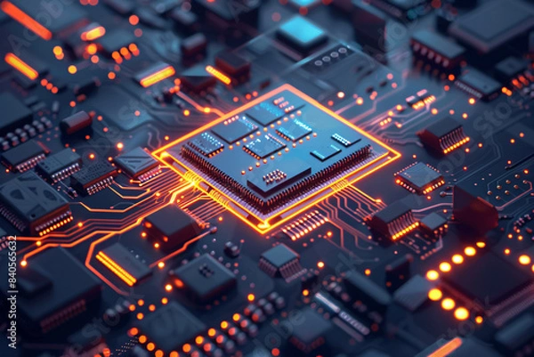 Obraz Chiplets technology: Depict an advanced computing device powered by chiplets, showcasing its compact efficiency and power