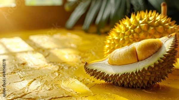 Fototapeta Fresh durian fruit with spiky shell and golden flesh, basking in sunlight on a rustic surface. Tropical, exotic, and aromatic delicacy.