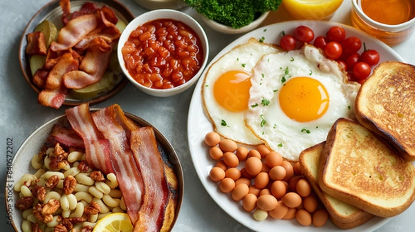 Fototapeta Full American Breakfast on white, top view, copy space. Sunny side fried eggs, roasted bacon, hash brown, pancakes, toasts, orange juice and coffee for breakfast.