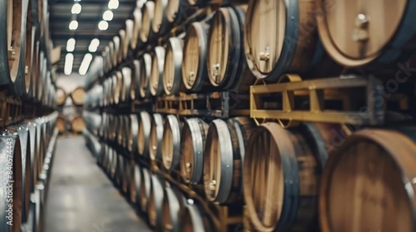 Fototapeta rows of whiskey bourbon and scotch barrels in an aging facility artisanal spirits production