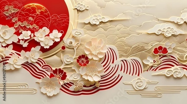 Obraz Red and gold traditional flower pattern texture poster background