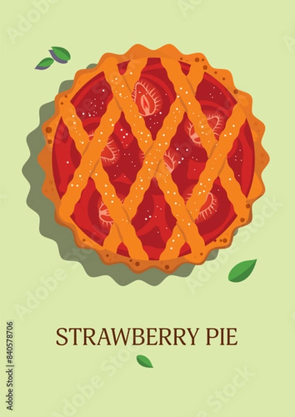 Fototapeta Vector illustration of a delicious berry pie with strawberries, top view. Poster for a cafe, postcard, menu for a cafe.
