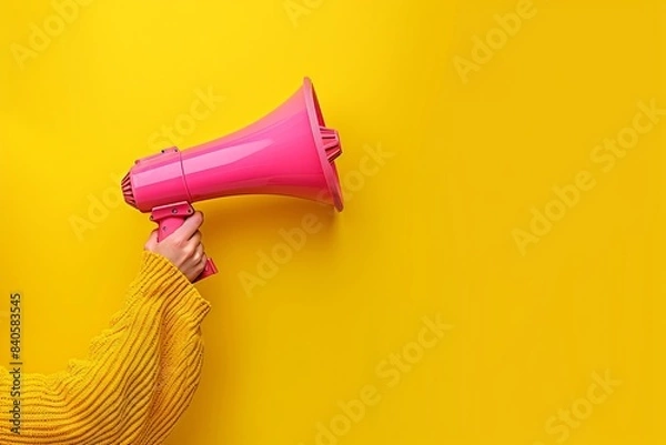 Obraz Person holding pink megaphone yellow wall