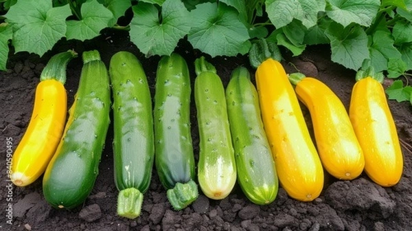 Obraz long cucumbers and yellow zucchini on the ground in the garden generative ai