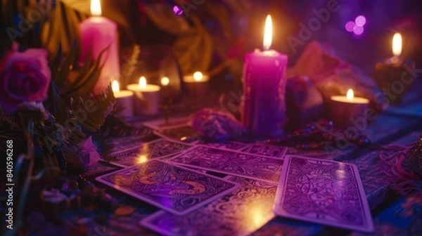 Fototapeta tarot cards on an esoteric style table with lit candles