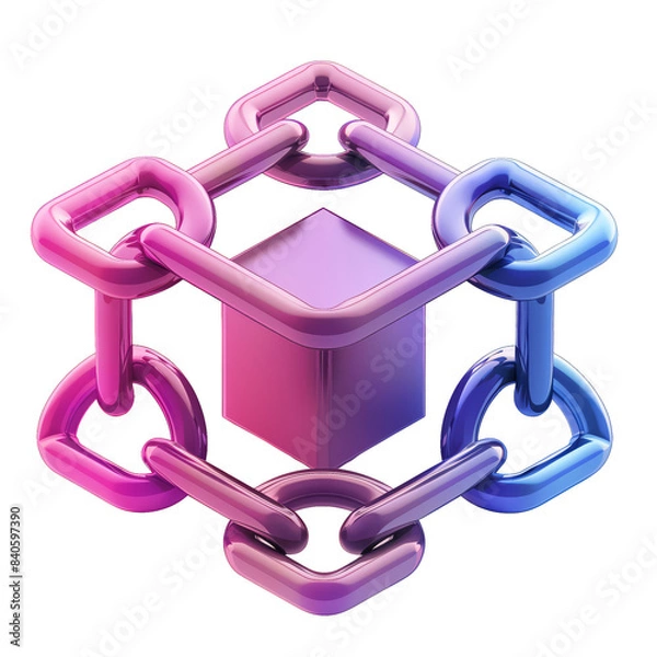 Fototapeta 3D rendering of a blockchain network with colorful links and a central cube, representing data security and technology.