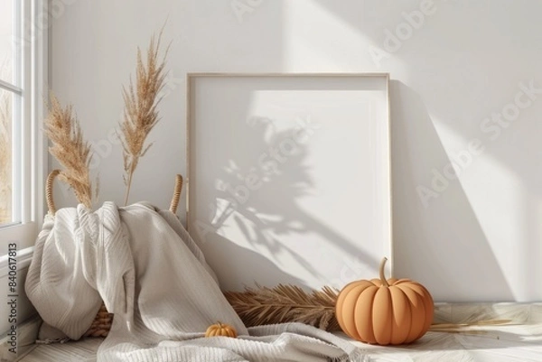 Fototapeta fall frame interior mockup, bohemian style props including blanket, wicker basket, pumpkin and dried grass