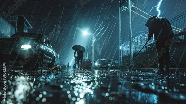 Fototapeta Labour work on construction side in Havey Rain Construction worker is standing in the rain in front of large construction vehicle