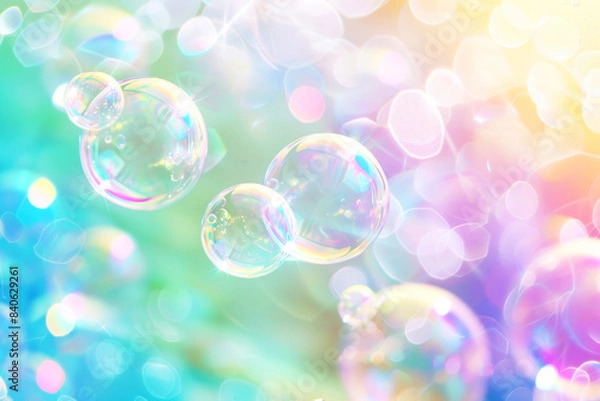 Fototapeta Vibrant close-up of colorful soap bubbles with a rainbow-like reflection.