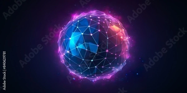 Fototapeta Blue glowing sphere consisting of dots. Modern frame elements. Technological mesh of the sphere.