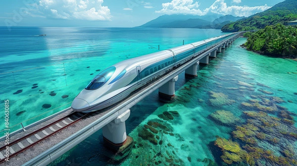 Fototapeta High-speed train crossing a stunning tropical ocean, capturing the seamless blend of advanced technology with natural beauty.